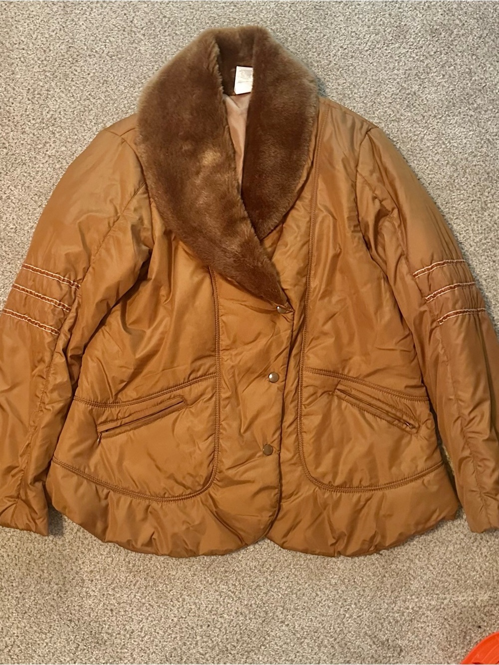 Mustard Brown Gold Faux-Fur Collar Puffer Jacket
